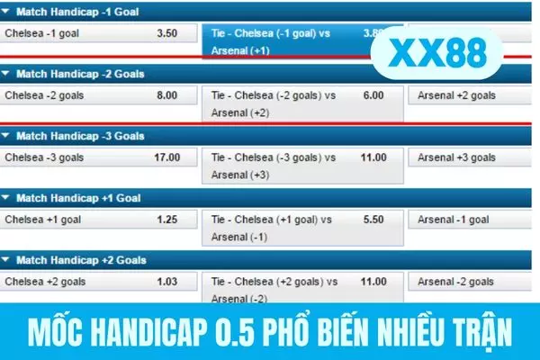 Mốc Handicap 0.5 phổ biến nhiều trận